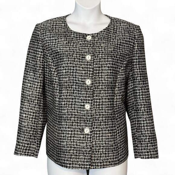 Talbots Classic Blazer Jacket Plus Size 14W Black White Silk Wool Career Vintage - Picture 1 of 10